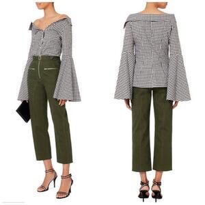 Caroline Constas‎ Women's Black Persephone Gingham Striped Bell Sleeve OTS Top